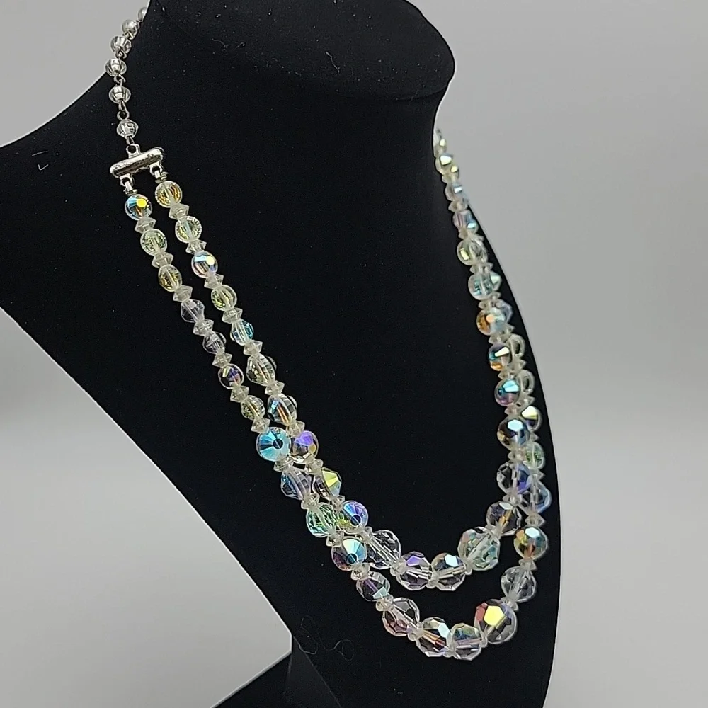 VTG Elegant 2 Strand Silver Crystal AB Aurora Borealis Necklace 15-18
